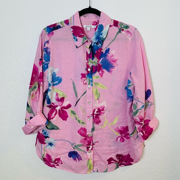 Chico's Linen Button Up Shirt Size 10 Pink Floral Tropical Hawaiian Vacation - Picture 1 of 11